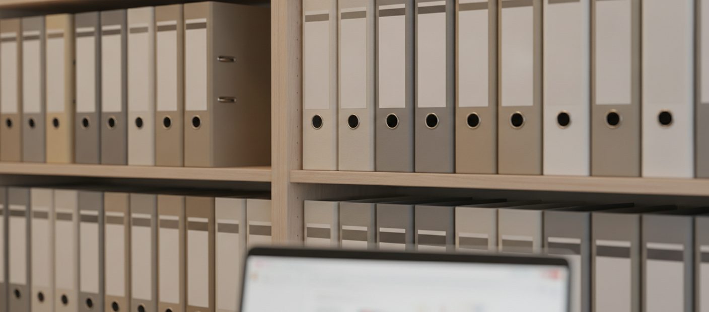 Büroregal mit Reihen von Aktenordnern und Archivkartons, im Vordergrund unscharf die Ecke eines Laptops mit einem Dokument auf dem Bildschirm