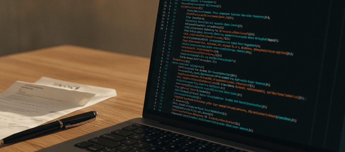 Ein Laptop zeigt strukturierte Daten in einem Editor, daneben liegt eine ausgedruckte Rechnung mit einem Stift auf dem Schreibtisch